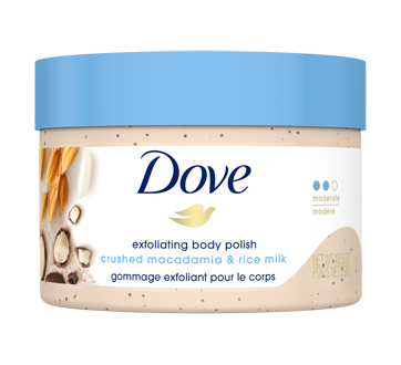 Image du produit Dove - Gommage exfoliant pour le corps, 298 g, noix de macadamia broyées et lait de riz