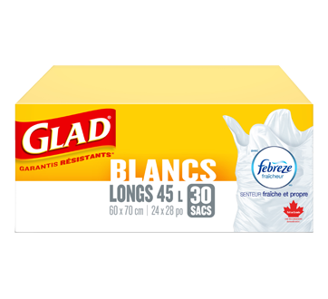 Image du produit Glad - Sacs à ordures blancs longs avec senteur fraîche et propre de Febreze, 30 unités
