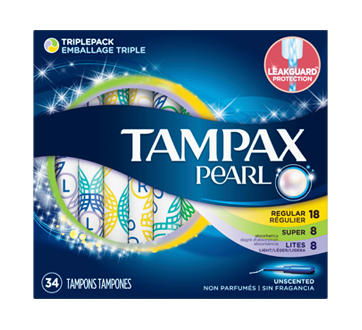 Tampax Pearl avec applicateur en plastique, emballage triple, 34 unités