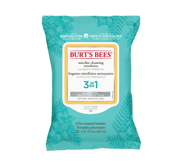 Image du produit Burt's Bees - Lingettes nettoyantes à l'eau micellaire avec huile de cyprès blanche, 30 unités