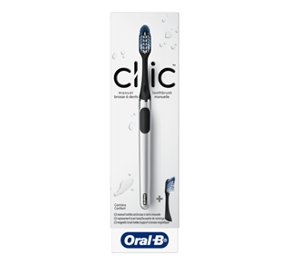 Oral-B Clic brosse à dents manuelle avec 2 brossettes de rechange et support magnétique, 3 unités, noir chromé