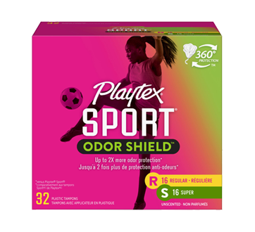 Multi-emballage de tampons non parfumés Sport Odor Shield, 32 unités, régulier/super
