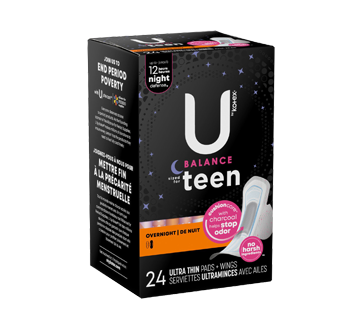 Image 2 du produit U by Kotex - Balance serviettes ultraminces de nuit avec ailes pour adolescentes, 24 unités