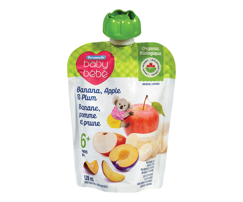 Purée pour bébé 6 mois+, banane pomme et prune, 128 ml Personnelle