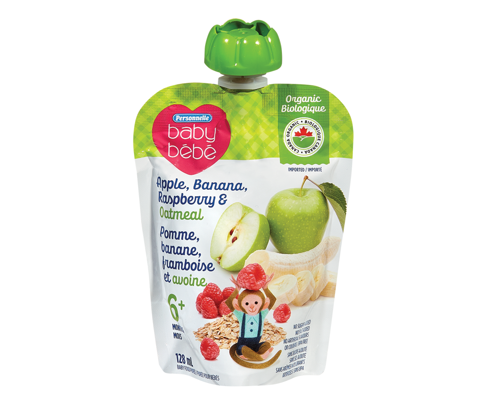 Purée pour bébé 6 mois+, pomme, banane, framboise et avoine, 128 ml