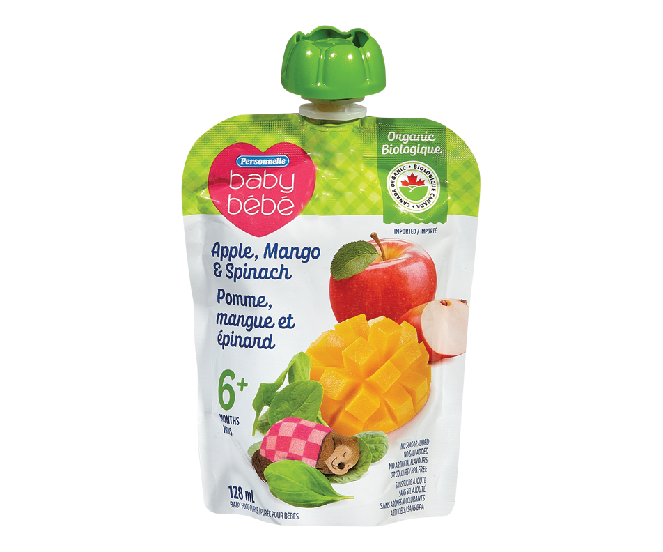 Purée pour bébé 6 mois+, pomme, mangue et épinard, 128 ml Personnelle