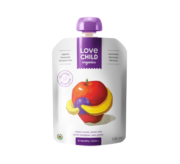 Purée biologique pour enfants, 128 ml, pommes-bananes-bleuets