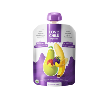 Purée biologique avec yogourt pour enfants, 128 ml, bananes-poires-mûres-framboises