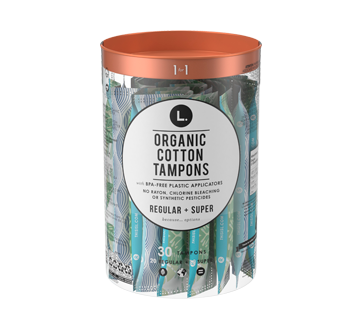 Tampons en coton biologique avec applicateur en plastique, 30 unités, régulier + super
