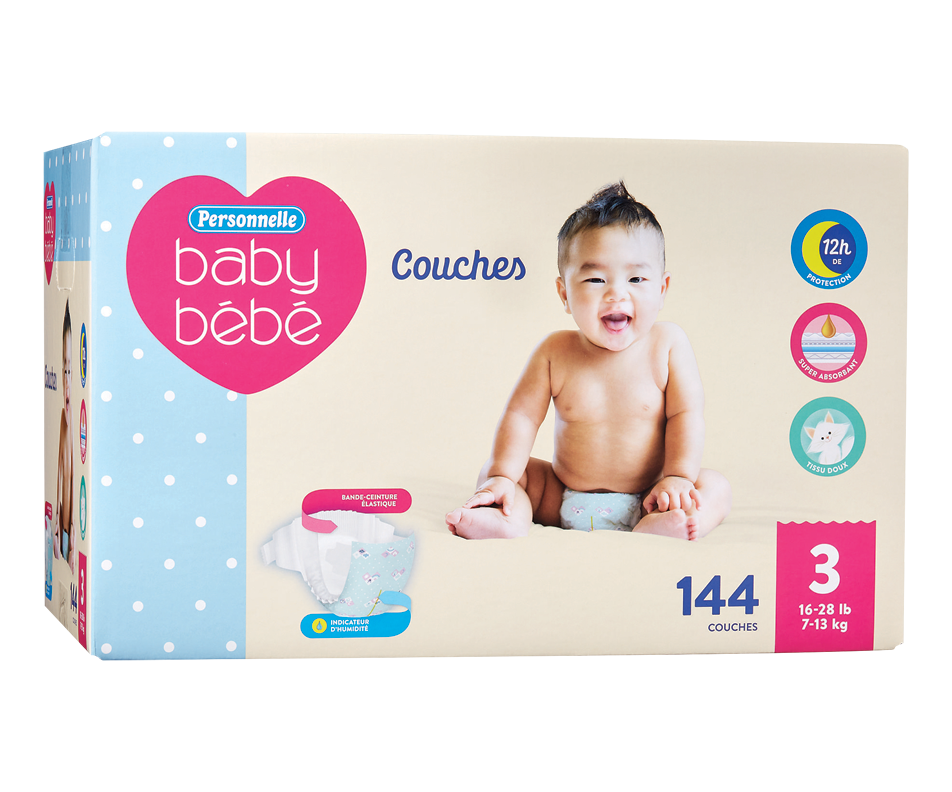 Couches pour bébé, 3, 144 unités Personnelle Couche Jean Coutu