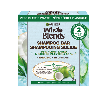 Image 1 du produit Garnier - Whole Blends shampooing solide hydratant pour cheveux normaux, 60 g, Noix de coco et aloès