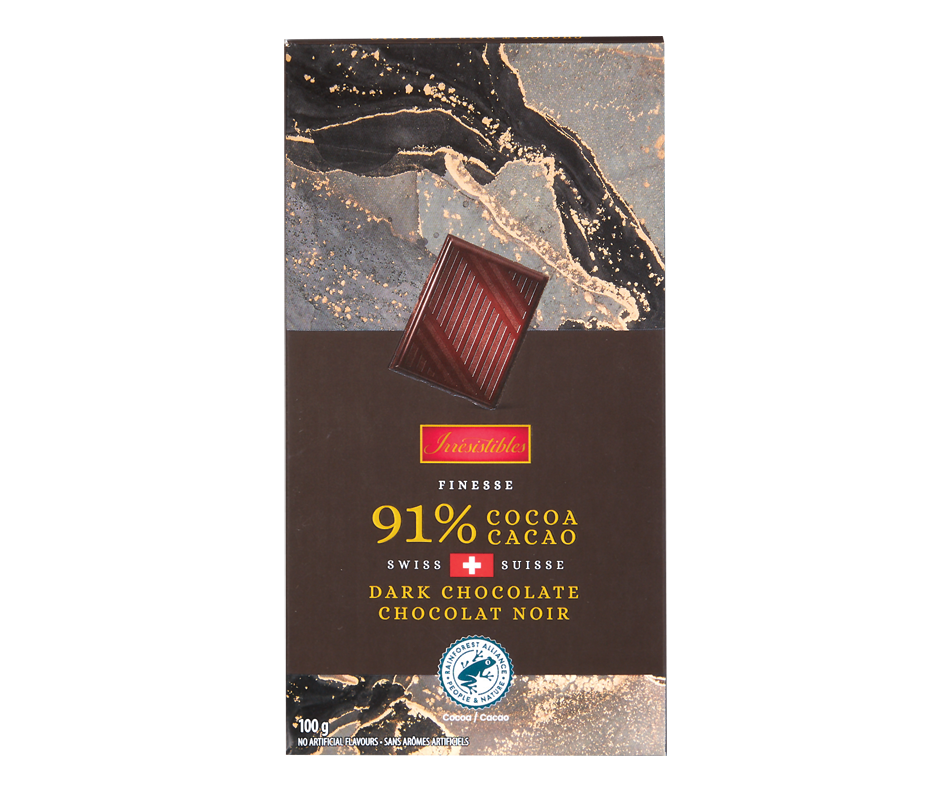 Tablette de chocolat noir suisse 91 cacao, 100 g Irresistibles