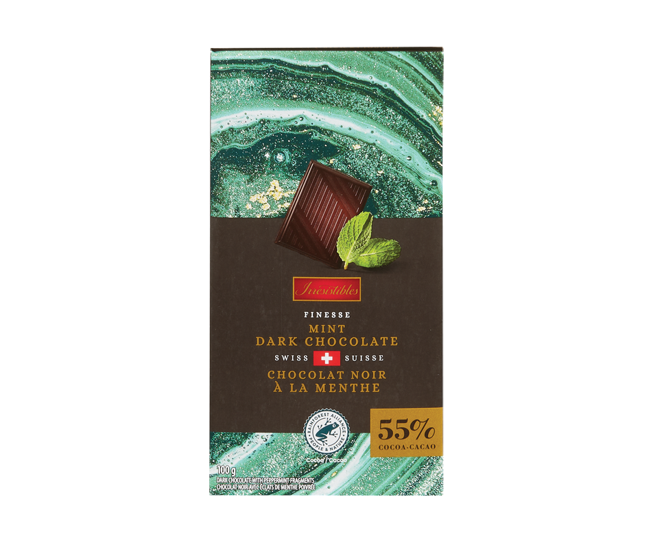 Tablette de chocolat noir suisse 55 cacao, menthe, 100 g
