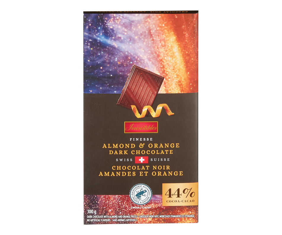 Tablette de chocolat noir suisse 44 cacao, amandes et orange, 100 g