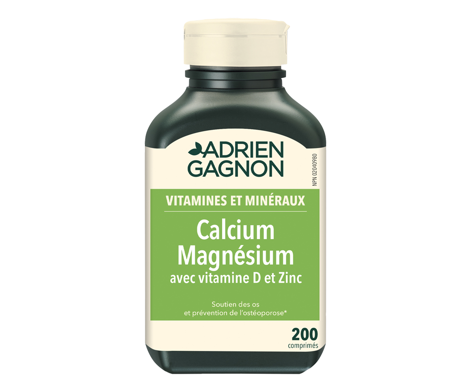 Calcium magnésium avec vitamine D et zinc, 200 unités Adrien Gagnon Conçu au Québec Jean Coutu