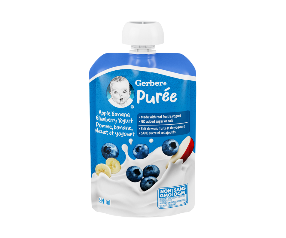 Purée pour bébés et toutpetits faite avec du yogourt et des vrais fruits, pomme, banane, bleuet