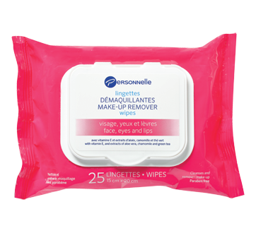 Lingettes démaquillantes pour visage, yeux et lèvres, 25 unités