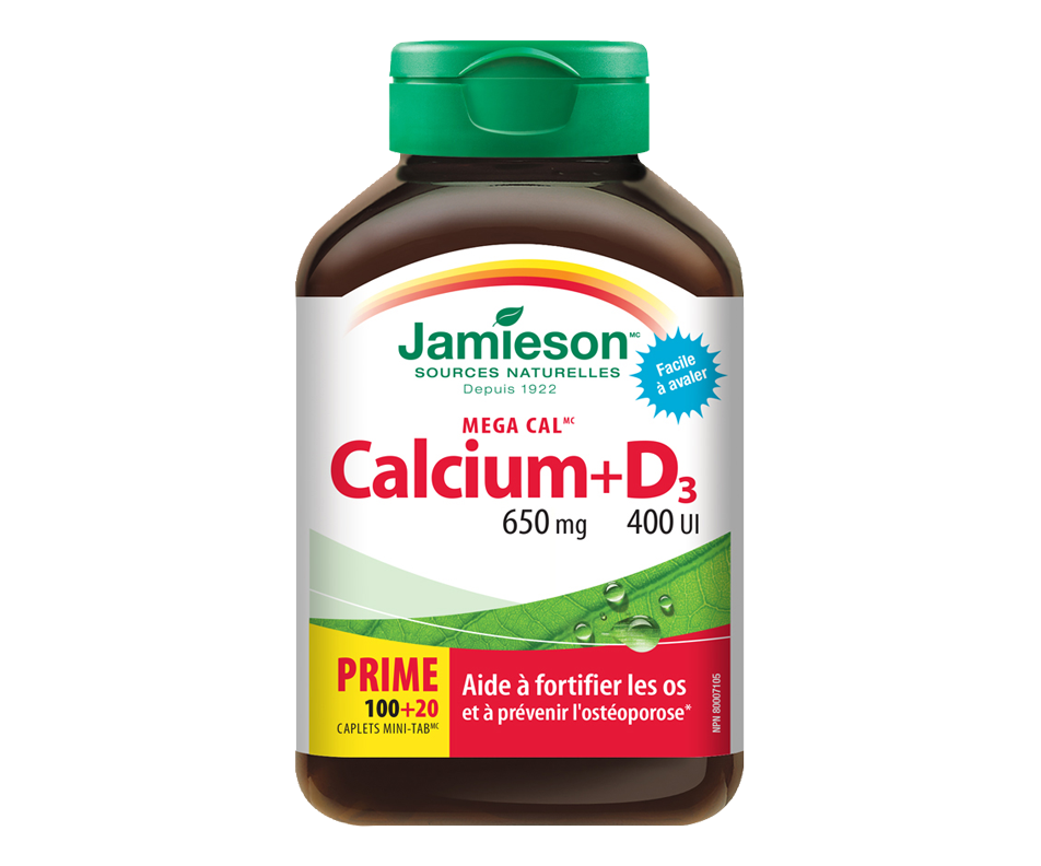 Mega Cal Calcium 650 mg + Vitamine D3 400 IU, 120 unités Jamieson