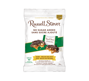 Image du produit Russel Stover - Pacanes et caramel enrobés de chocolat noir sans sucre ajouté, 85 g, noir, délice aux pacanes