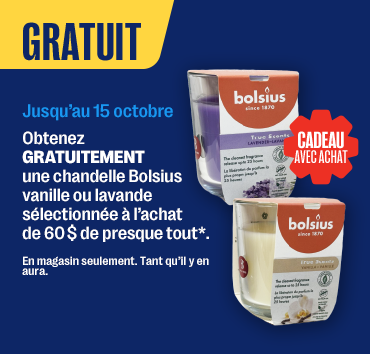 Gratuité chandelle à l'achat de 60$ ou plus de presque tout
